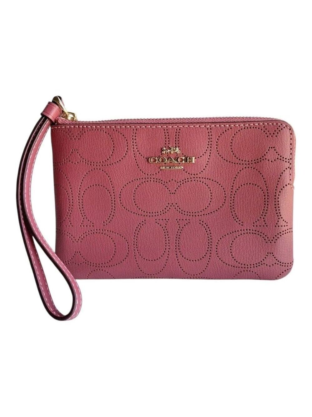 Coach Corner Zip Wristlet Perforated Signature Leather Rouge Pink
